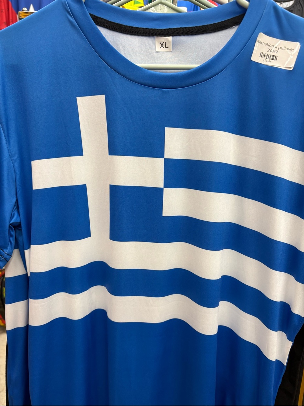 Casual Corner Blue and White Short Sleeve Graphic Tee with Flag Stripes